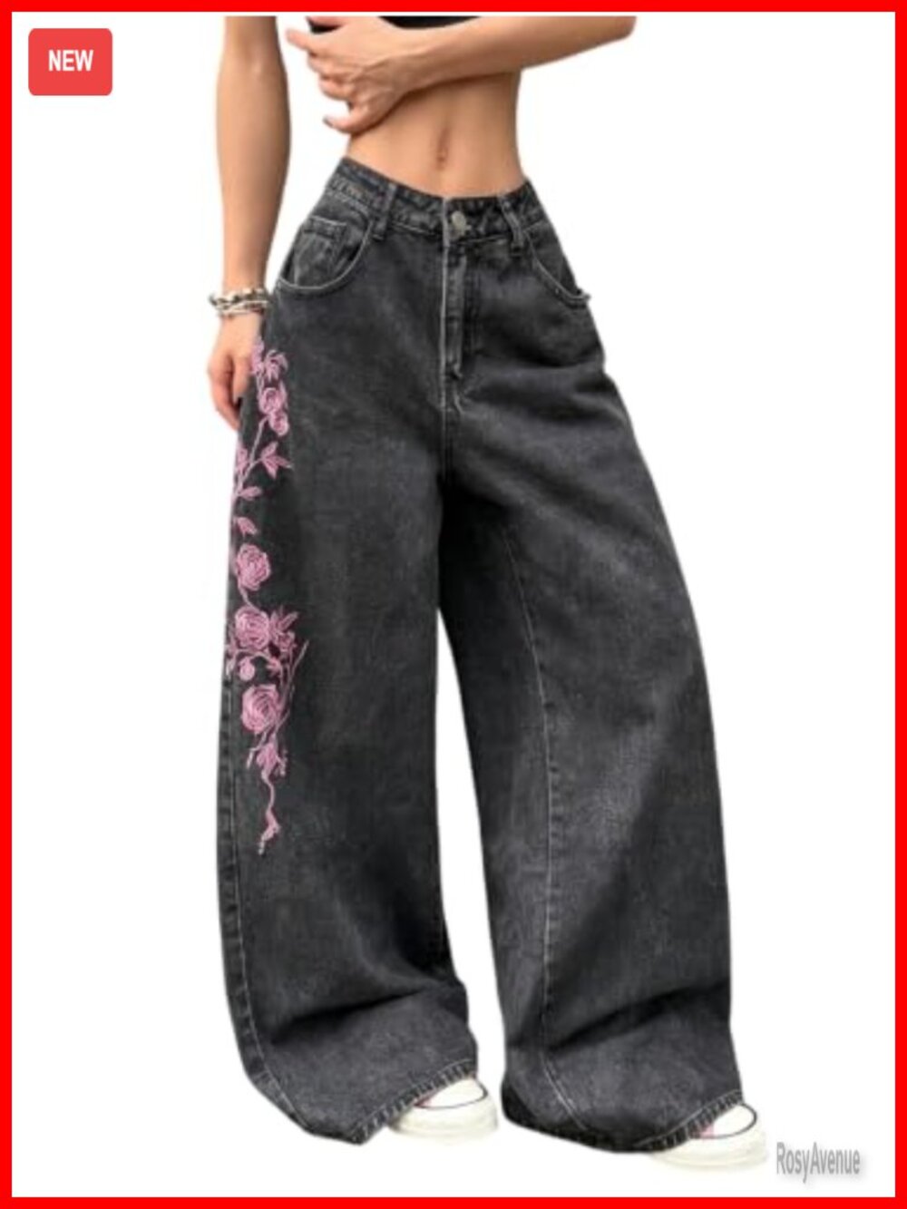 Wide Leg Baggy Boyfriend Jeans Cotton Blend Floral Embroidered Y2K Streetwear